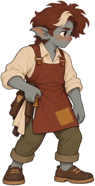 Alex, a grey-blue repairer with auburn hair and a patched rust apron.