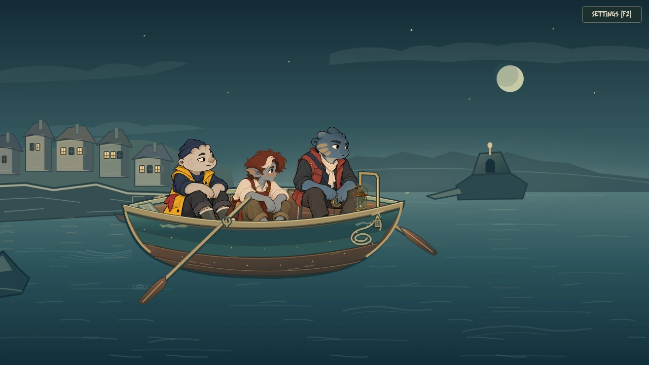 Alex, Mira and Arin cross Brinewick harbour in a small boat under the moon. A glimpse of the story beyond the demo.