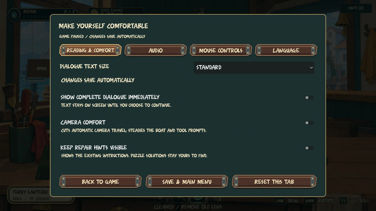 Actual demo settings: dialogue text size, complete dialogue, camera comfort and persistent repair hints.